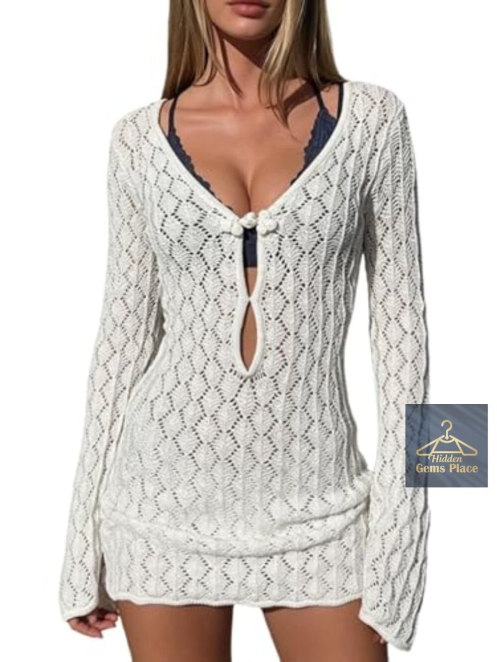Women's Crochet Mini Beach Cover Up Long Sleeve Bikini Swimwear Dress